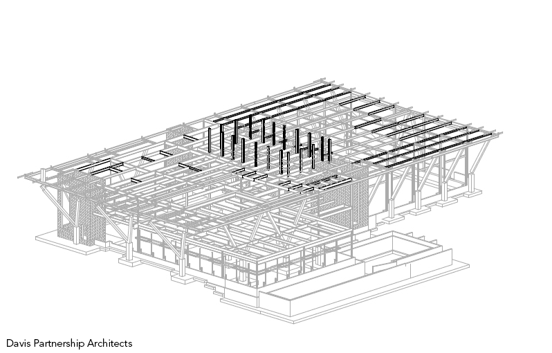 Diagram highlights reused structural steel members in the fire station.